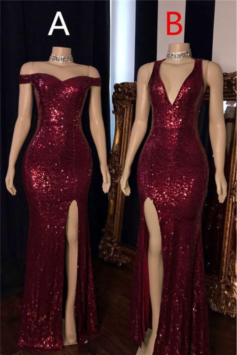 Delia Sparkle Burgundy V-Neck Side Slit Sequins Sheath Prom Dresses