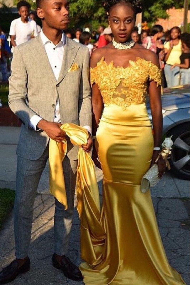 Denise Honorable Gold Off Shoulder Appliques Court Train Sheath Prom Dresses