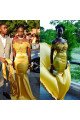 Denise Honorable Gold Off Shoulder Appliques Court Train Sheath Prom Dresses