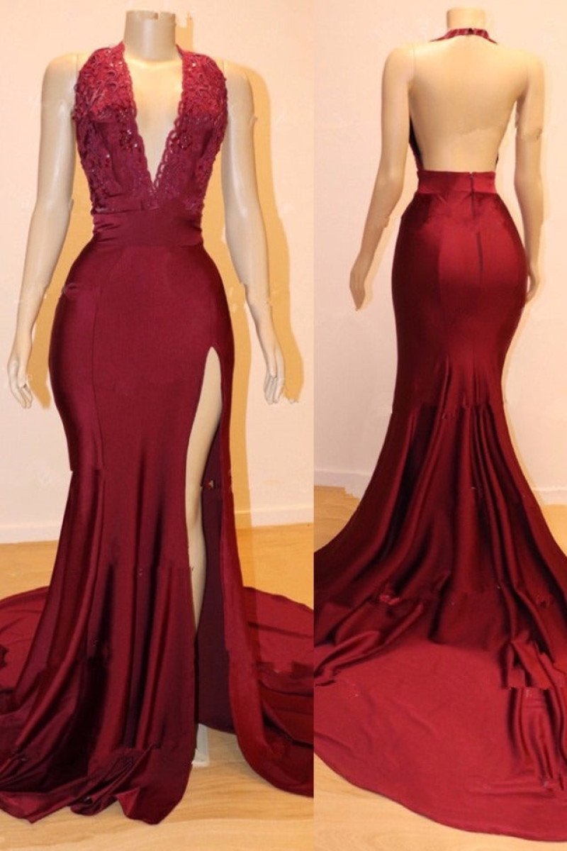 Dinah Mild Burgundy Halter Backless Side Slit Appliques Sheath Prom Dresses With Court Train