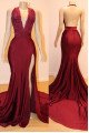 Dinah Mild Burgundy Halter Backless Side Slit Appliques Sheath Prom Dresses With Court Train