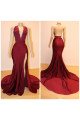 Dinah Mild Burgundy Halter Backless Side Slit Appliques Sheath Prom Dresses With Court Train