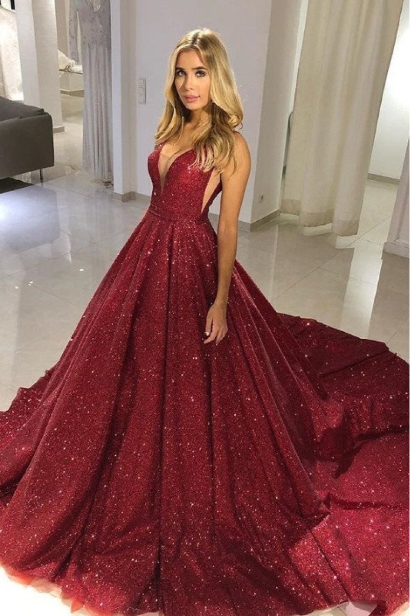 Dolores Luxury Burgundy Sequins V-Neck Court Train Ball Gown Prom Dresses