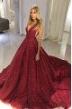 Dolores Luxury Burgundy Sequins V-Neck Court Train Ball Gown Prom Dresses