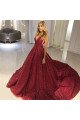 Dolores Luxury Burgundy Sequins V-Neck Court Train Ball Gown Prom Dresses