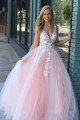 Dominic Lovely Light Pink V-Neck Backless Appliques Ball Gown Prom Dresses