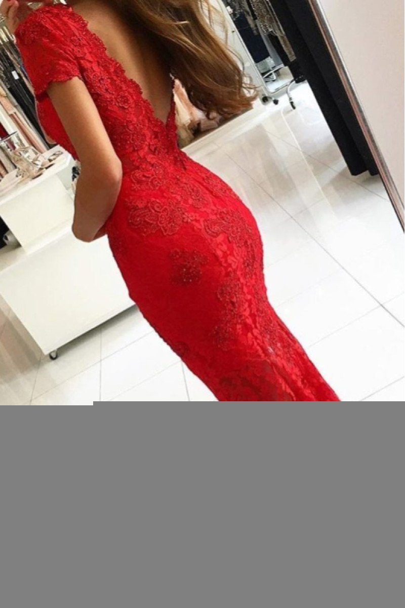 Doreen Mild Red V-Neck Open Back Lace Sheath Prom Dresses