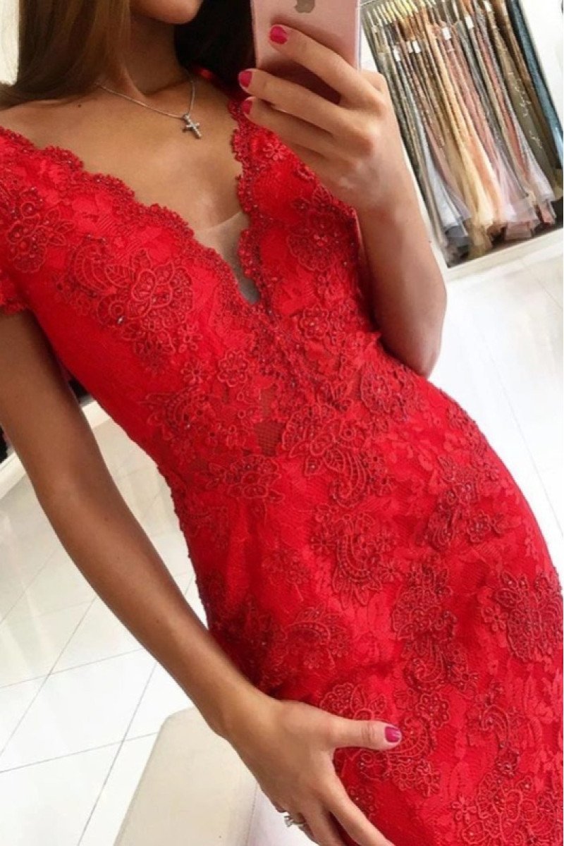 Doreen Mild Red V-Neck Open Back Lace Sheath Prom Dresses