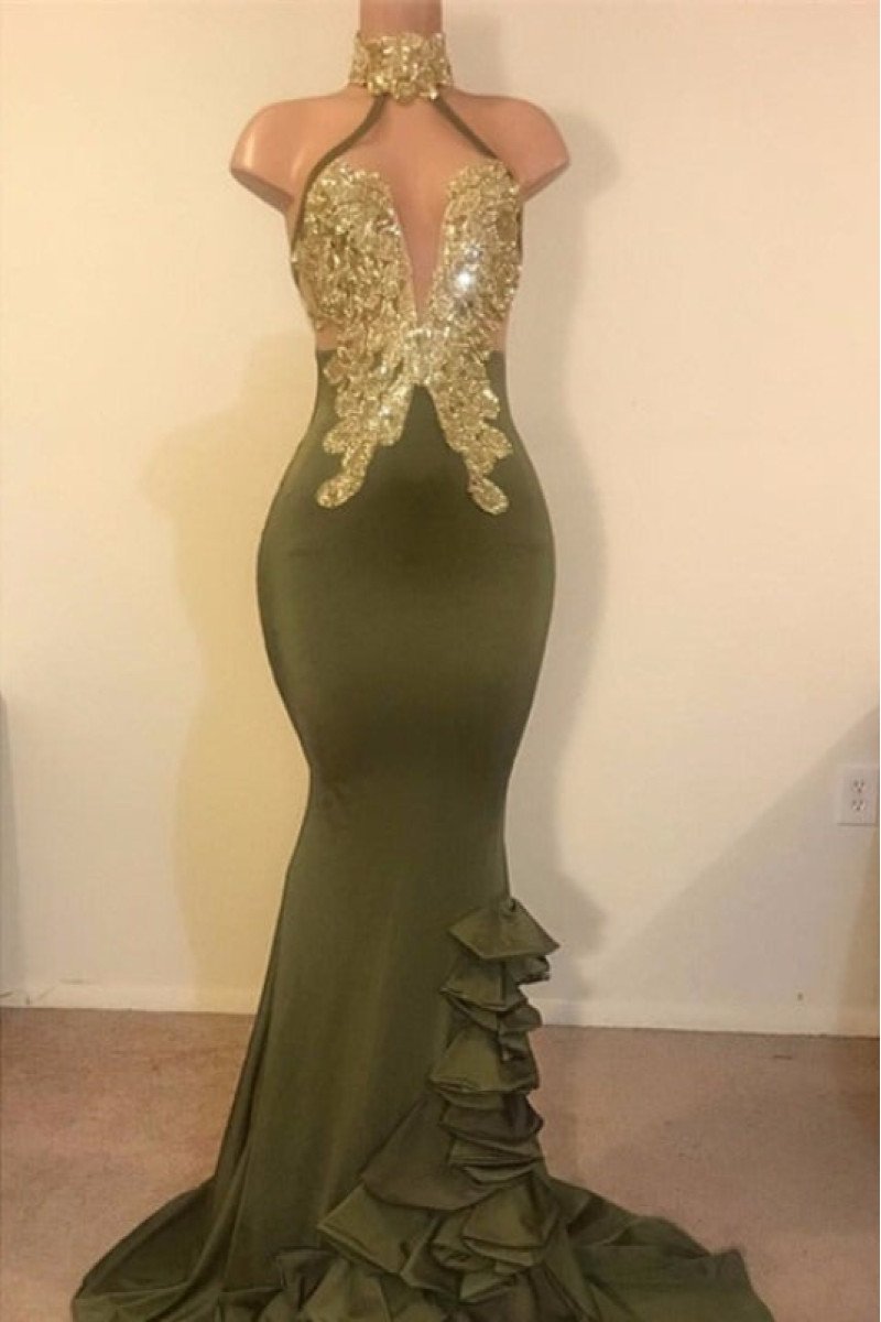 Elizabeth Generous Olive Green High Neck Ruffles Mermaid Prom Dresses With Appliques