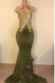 Elizabeth Generous Olive Green High Neck Ruffles Mermaid Prom Dresses With Appliques