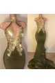 Elizabeth Generous Olive Green High Neck Ruffles Mermaid Prom Dresses With Appliques