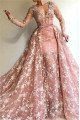 Ella Gentle Coral V-Neck Long Sleeves Lace Sheath Prom Dresses With Panel Train