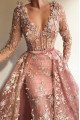 Ella Gentle Coral V-Neck Long Sleeves Lace Sheath Prom Dresses With Panel Train