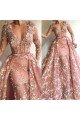 Ella Gentle Coral V-Neck Long Sleeves Lace Sheath Prom Dresses With Panel Train