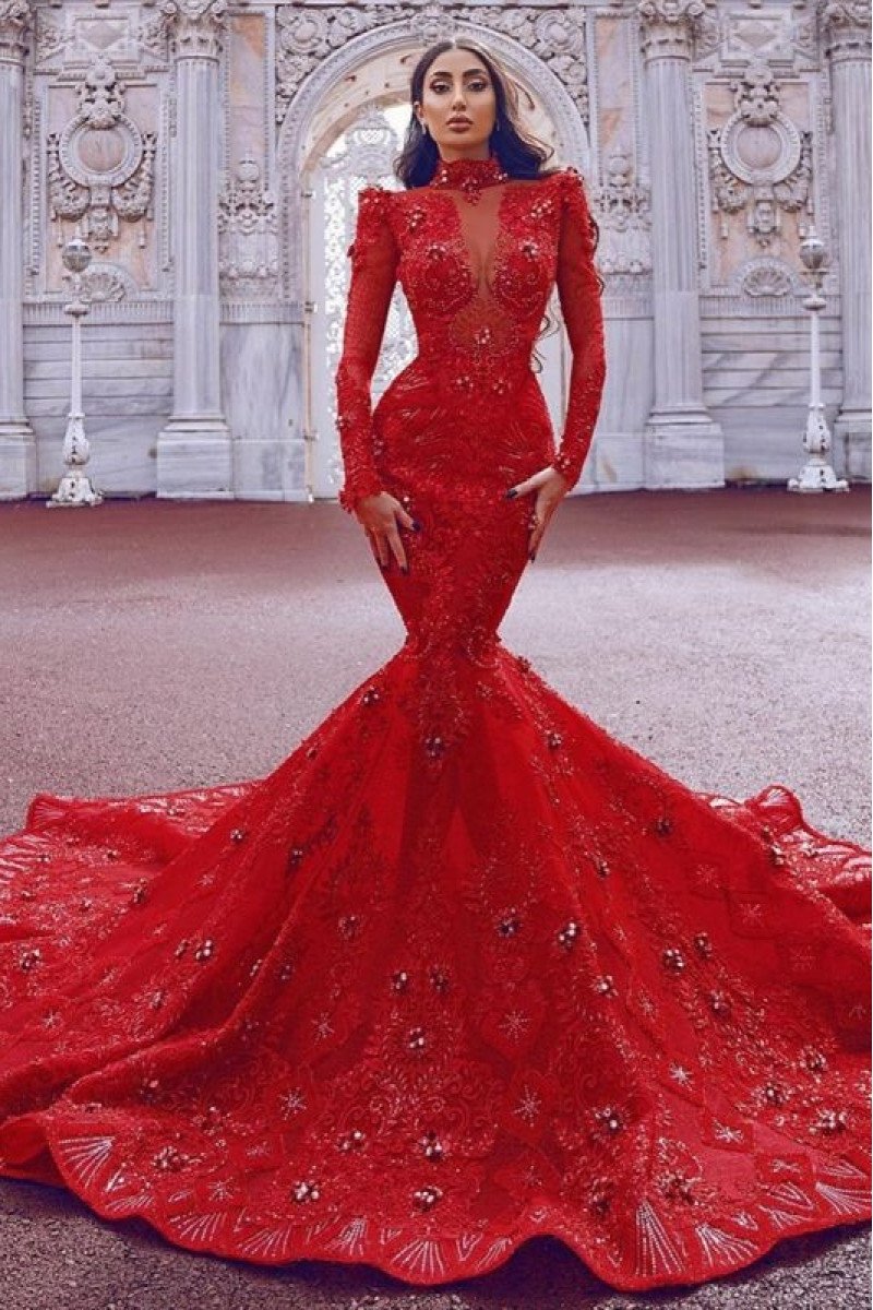 Elsa Gorgeous Red High Neck Long Sleeves Appliques Mermaid Prom Dresses With Keyhole