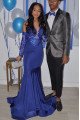 Emma Simple Dark Blue V-Neck Long Sleeves Appliques Ruffles Mermaid Prom Dresses