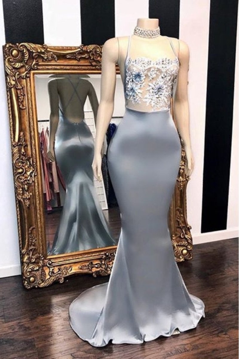 Erlinda Simple Gray Spaghetti Straps Backless Appliques Sheath Prom Dresses