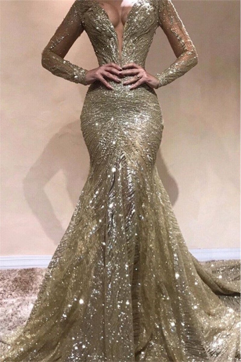 Esther Sparkle Gold Sequins V-Neck Long Sleeves Mermaid Prom Dresses