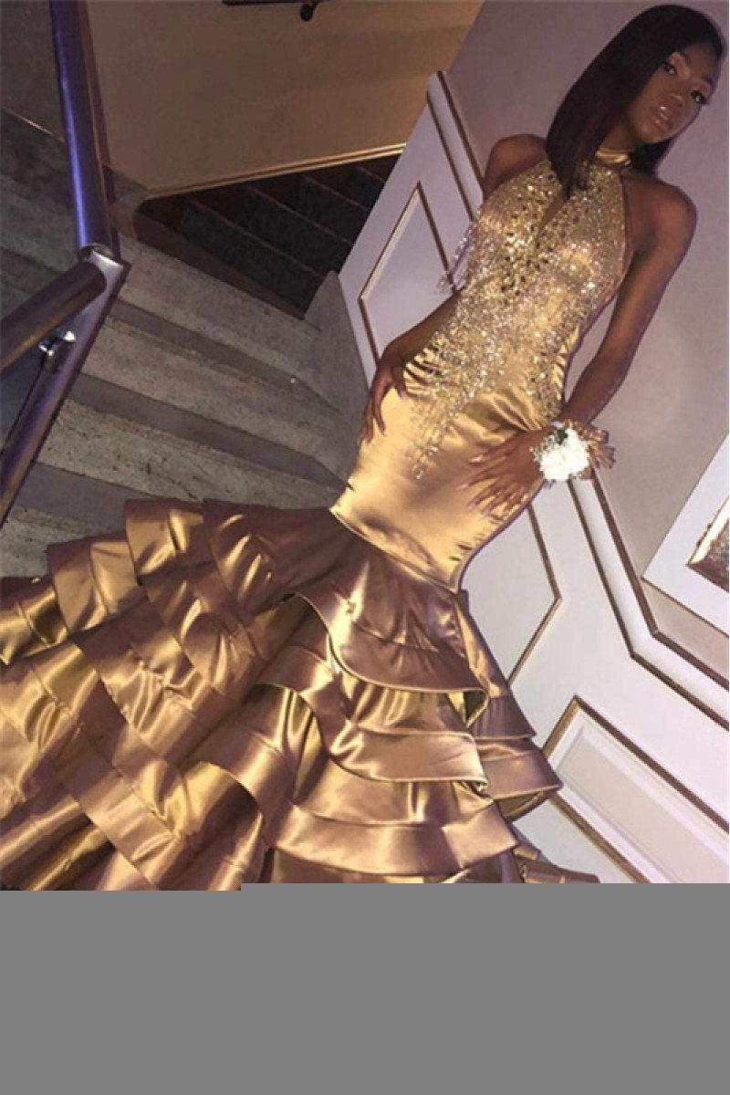 Ethel Elegant Gold Halter Puffy Layers Mermaid Prom Dresses With Crystal