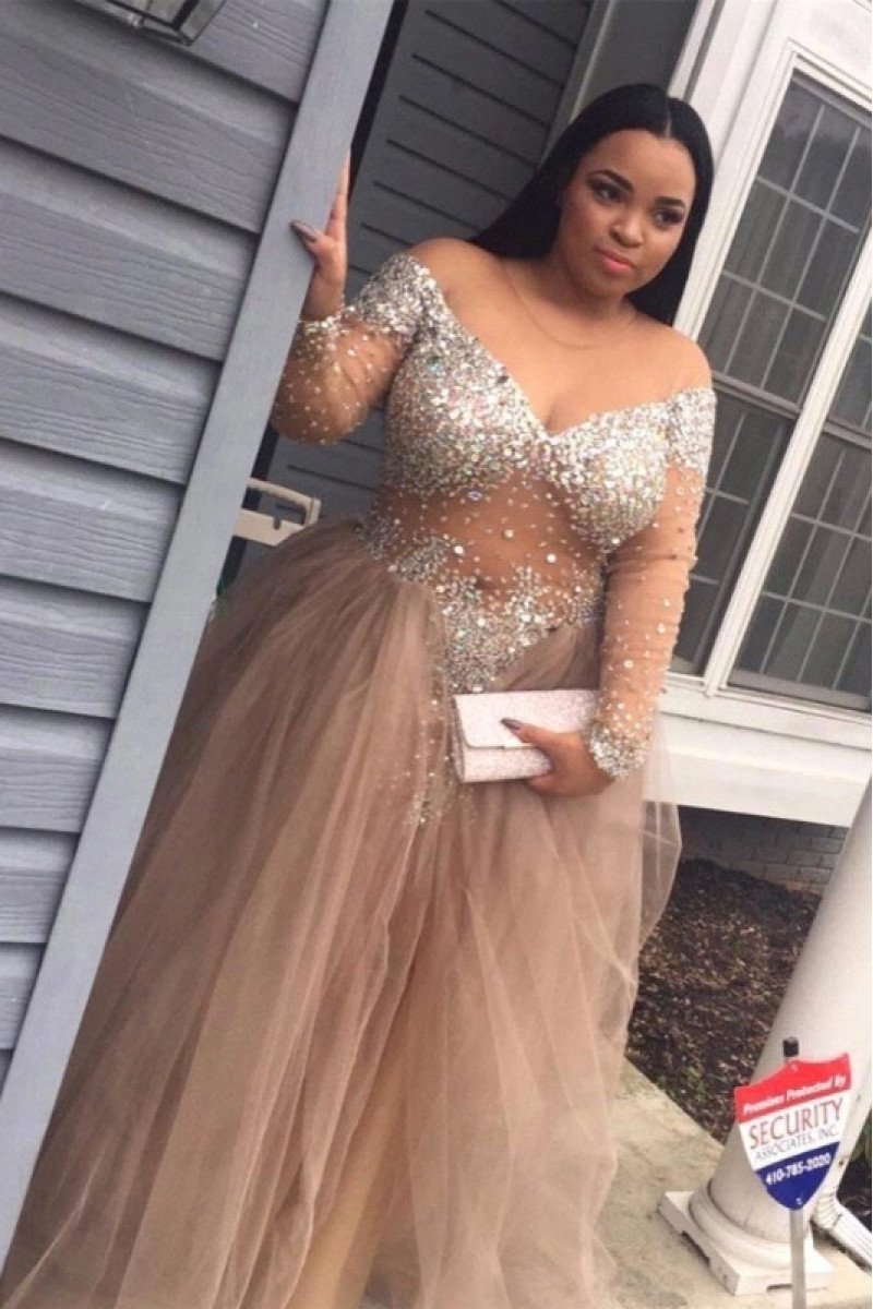 Eunice Beautiful Dusty Pink Off Shoulder Long Sleeves Sequins Oversize Sheath Prom Dresses