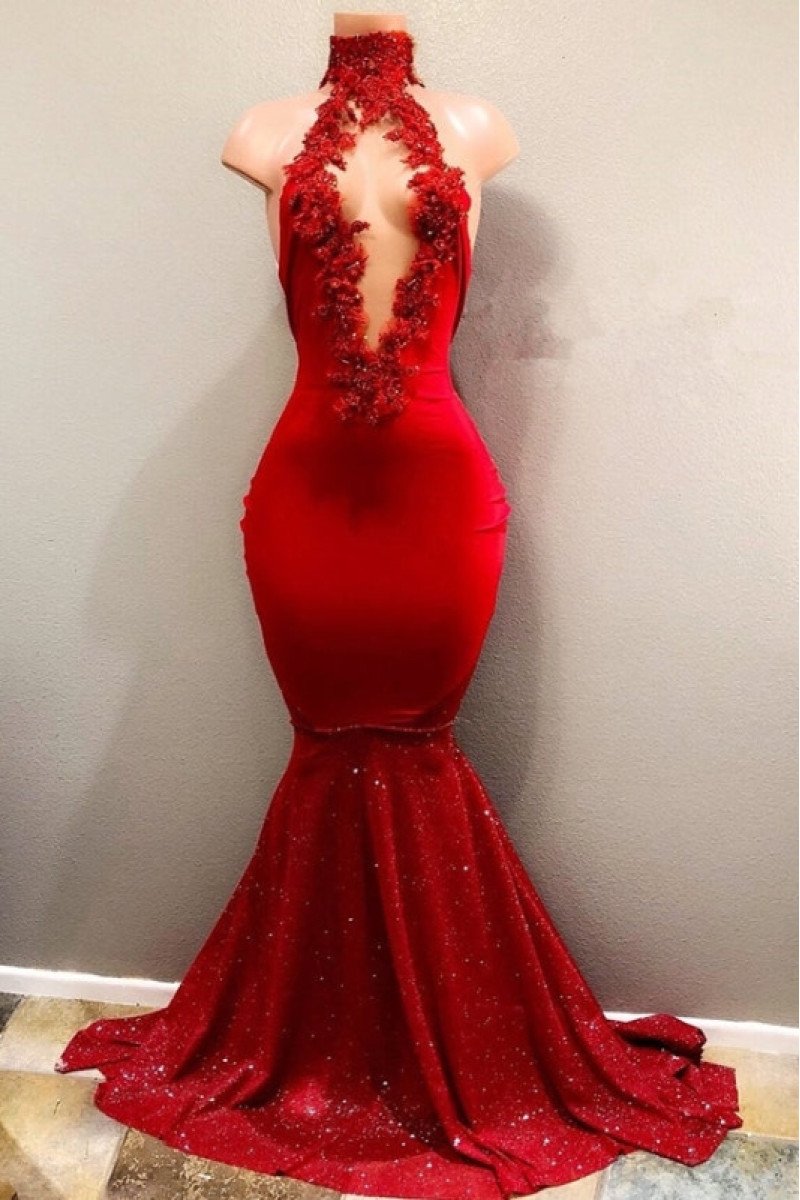 Evangeline Charming Red High Neck Open Back Appliques Mermaid Prom Dresses