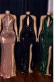 Evelyn Fashion Black Halter Side Slit Sequins Sheath Prom Dresses With Keyhole