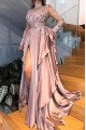 Faith Generous Lilac High Neck Long Sleeves Side Slit Puffy Layers Sheath Prom Dresses With Appliques