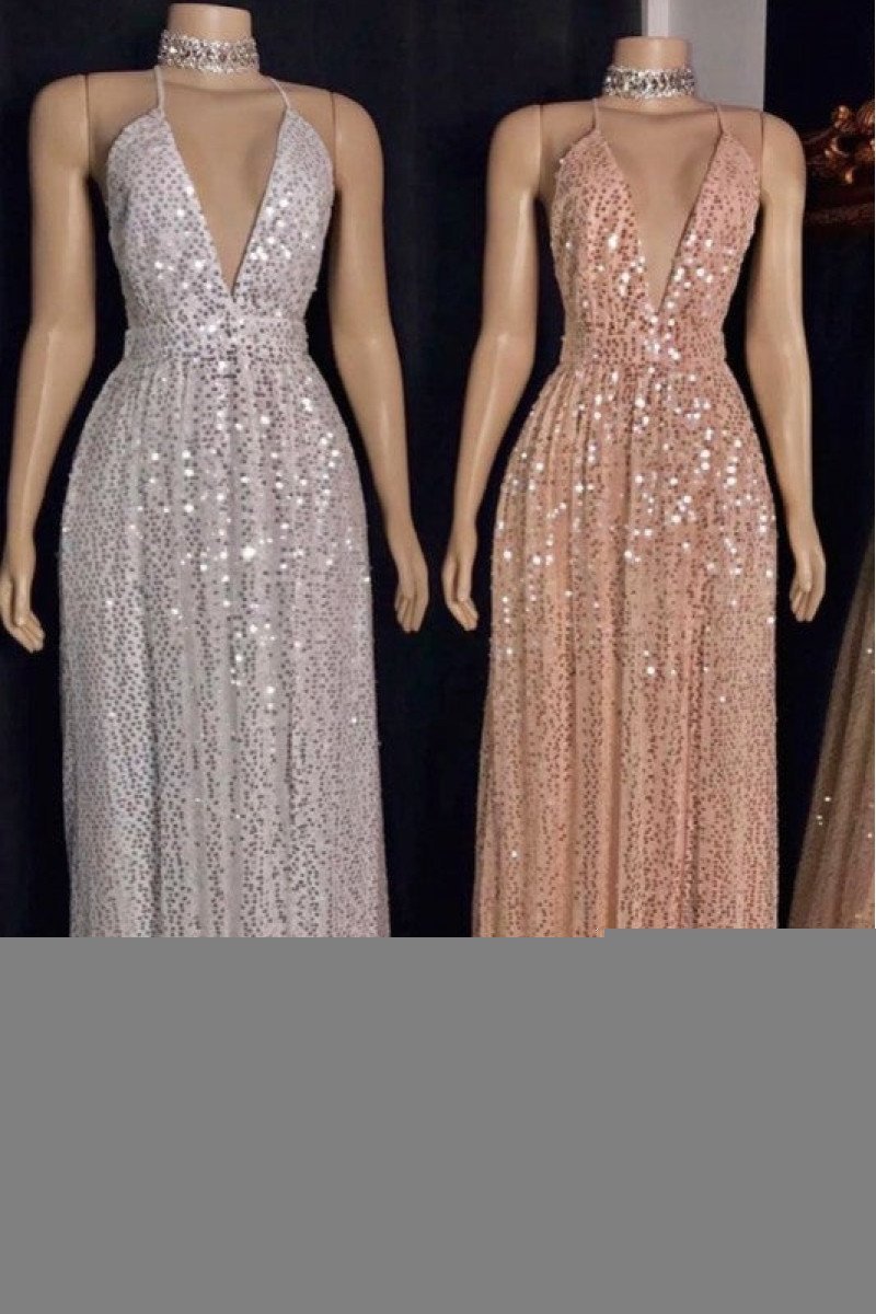 Faithe Simple White Halter Open Back Sequins Sheath Prom Dresses