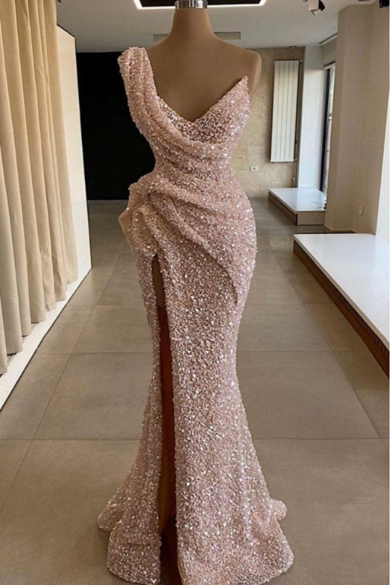 Fay Lovely Pink One Shoulder Side Slit Sequins Sheath Prom Dresses