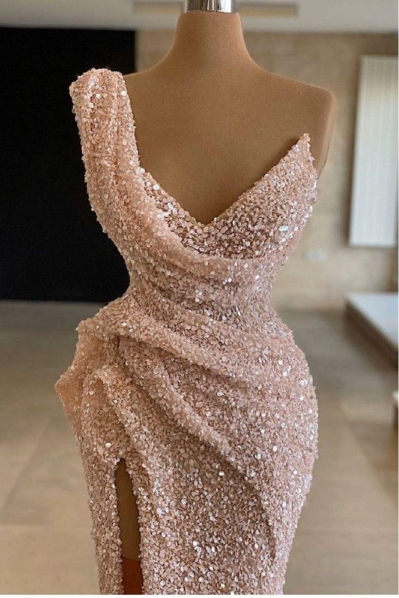 Fay Lovely Pink One Shoulder Side Slit Sequins Sheath Prom Dresses