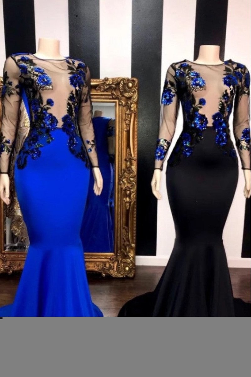 Flora Classical Black Jewel Long Sleeves Appliques Mermaid Prom Dresses