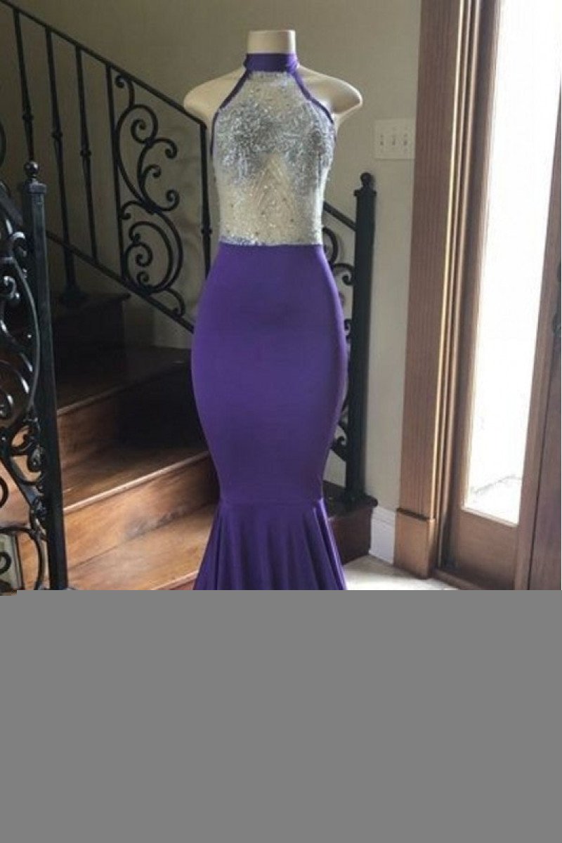 Florence Fancy Purple Halter Appliques Backless Mermaid Prom Dresses