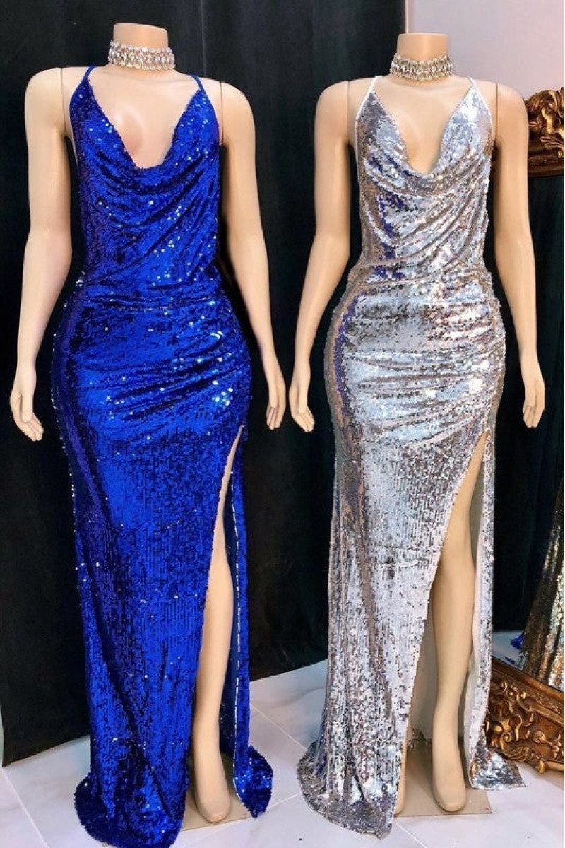 Frances Sparkle Silver Spaghetti Straps Side Slit Sequins Sheath Prom Dresses