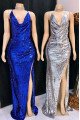 Frances Sparkle Silver Spaghetti Straps Side Slit Sequins Sheath Prom Dresses