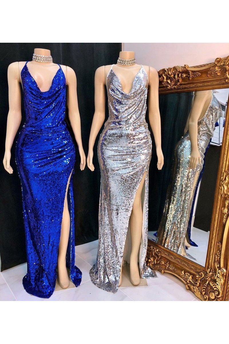 Frances Sparkle Silver Spaghetti Straps Side Slit Sequins Sheath Prom Dresses