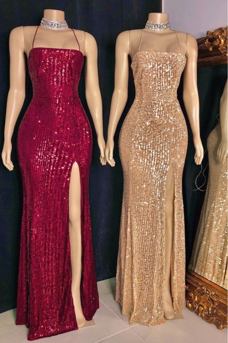 Fred Fashion Burgundy Spaghetti Straps Side Slit Backless Sequins Sheath Prom Dresses