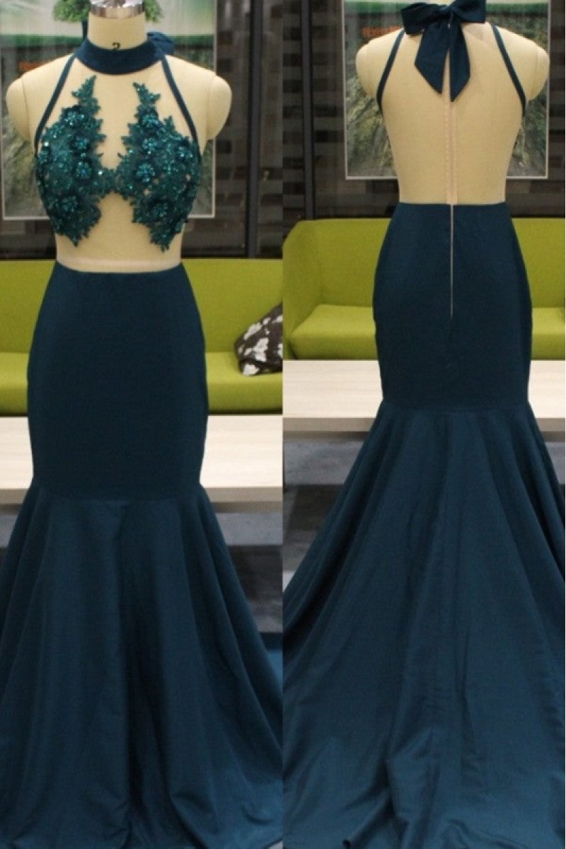 Freda Sexy Dark Green Halter Backless Appliques Mermaid Prom Dresses