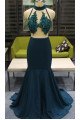 Freda Sexy Dark Green Halter Backless Appliques Mermaid Prom Dresses