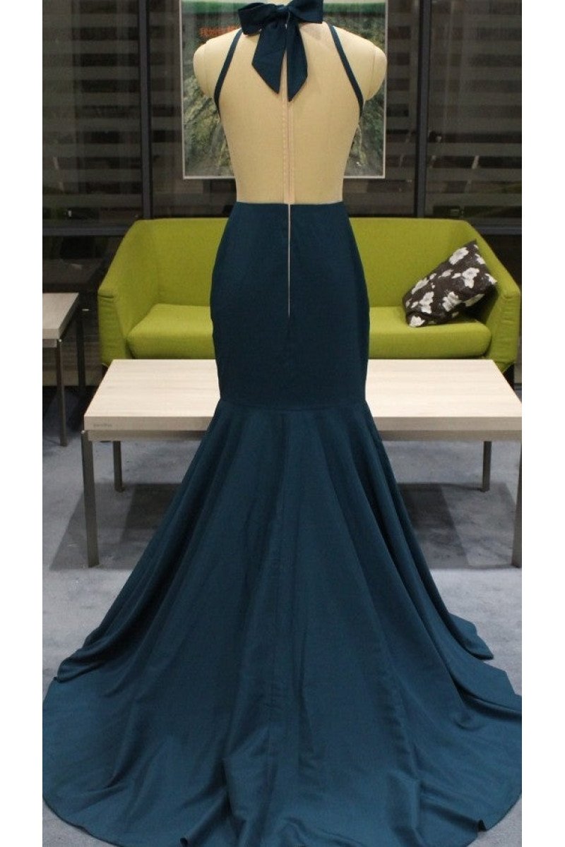 Freda Sexy Dark Green Halter Backless Appliques Mermaid Prom Dresses