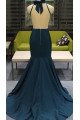 Freda Sexy Dark Green Halter Backless Appliques Mermaid Prom Dresses