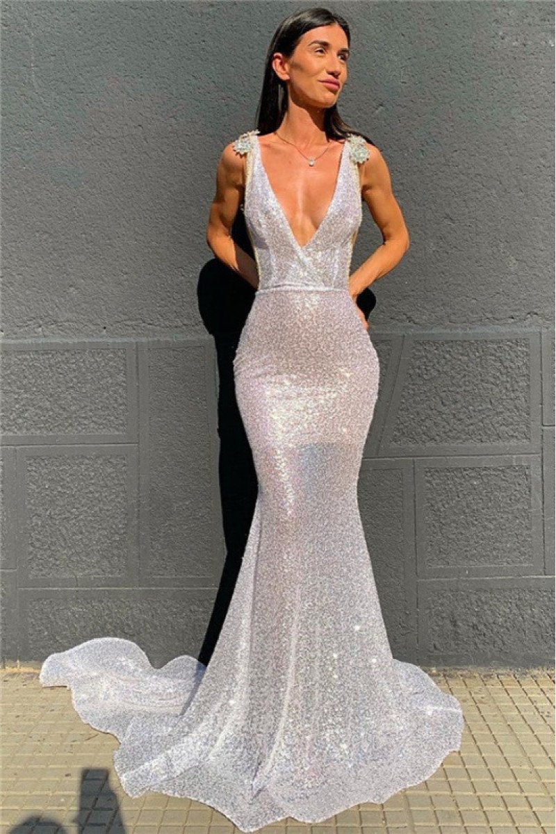 Frederica Elegant White Sequins V-Neck Backless Mermaid Prom Dresses With Crystal