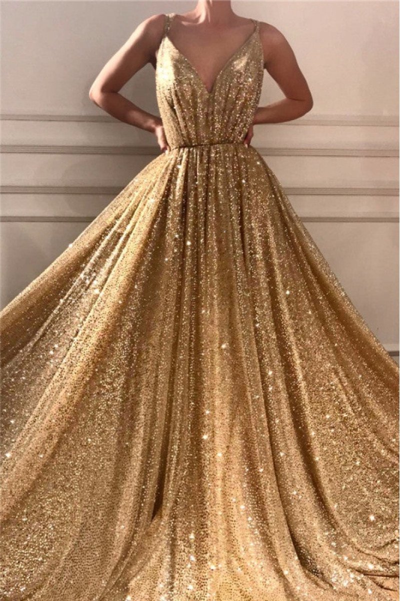 Gabrielle Gorgeous Gold Sequins Spaghetti Straps A-Line Prom Dresses With Court Train