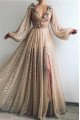 Gaby Honorable Champagne V-Neck Long Sleeves Side Slit Sequins A-Line Prom Dresses With Flowers