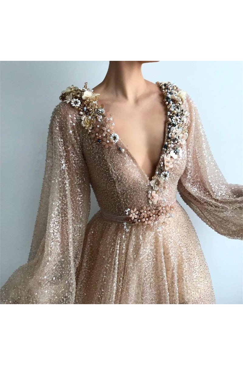 Gaby Honorable Champagne V-Neck Long Sleeves Side Slit Sequins A-Line Prom Dresses With Flowers