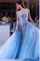 Gail Mild Sky Blue V-Neck Open Back Appliques A-Line Prom Dresses With Puffy Layers