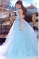 Gail Mild Sky Blue V-Neck Open Back Appliques A-Line Prom Dresses With Puffy Layers