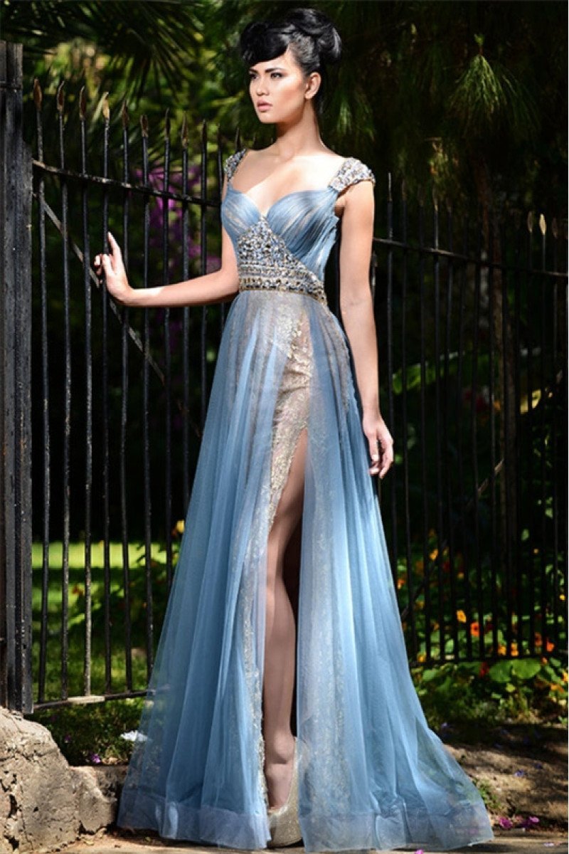 Gemma Modern Blue Square Side Slit Sheath Prom Dresses With Crystal