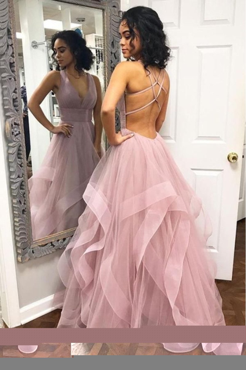 Genevieve Charming Pink V-Neck Backless A-Line Prom Dresses With Puffy Layers