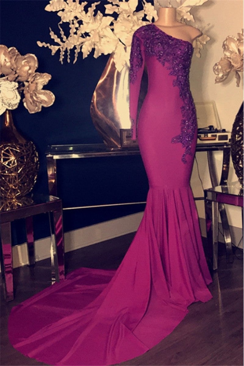 Genny Serious Purple One Shoulder Appliques Mermaid Prom Dresses With Chapel Train