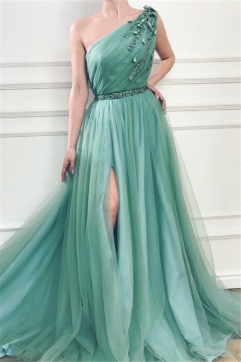 Georgia Wonderful Jade One Shoulder Side Slit Appliques A-Line Prom Dresses